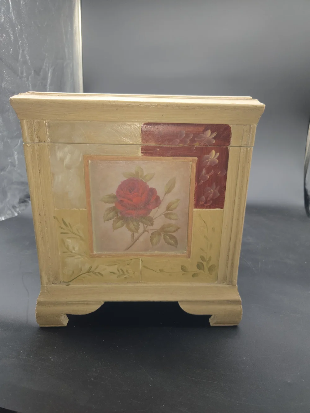 French Country Painted Wood 13 Inch Tall Jewelry Storage Box Chest Red Rose